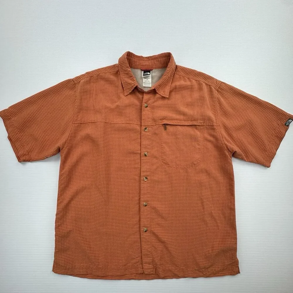 North Face Button Up Shirt Mens L Orange Hiking Outdoor Vent Short Sleeve